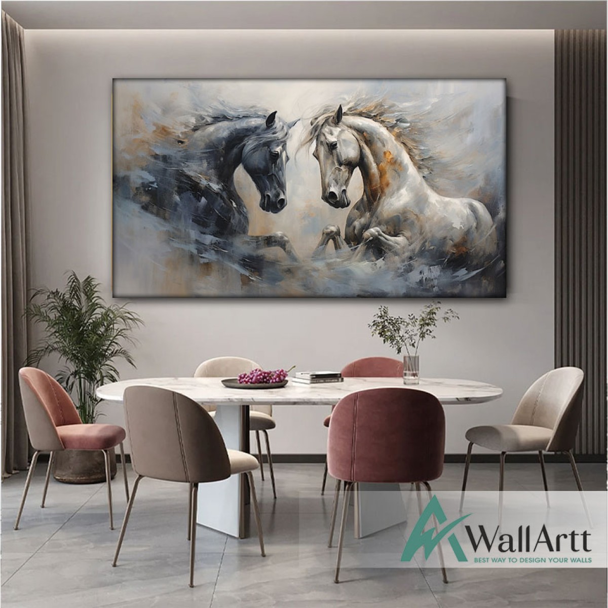 Black White Horses 3d Heavy Textured Partial Oil Painting